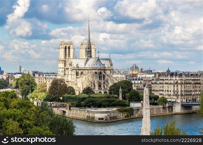 Aerial view of Seine and Notre Dame de Paris in summer day