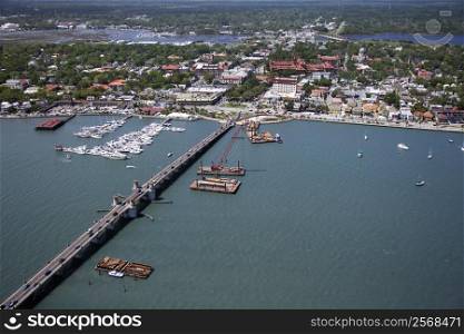 Aerial view of ships and boats in water with Bridge of Lions in Saint Augustine, Flordia.