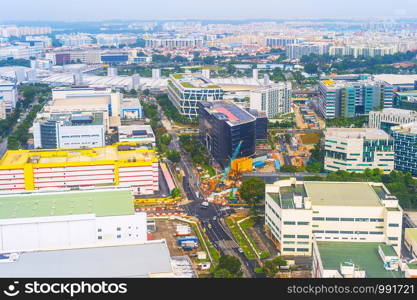 Aerial view of Singapore. Road, business centers, construction site