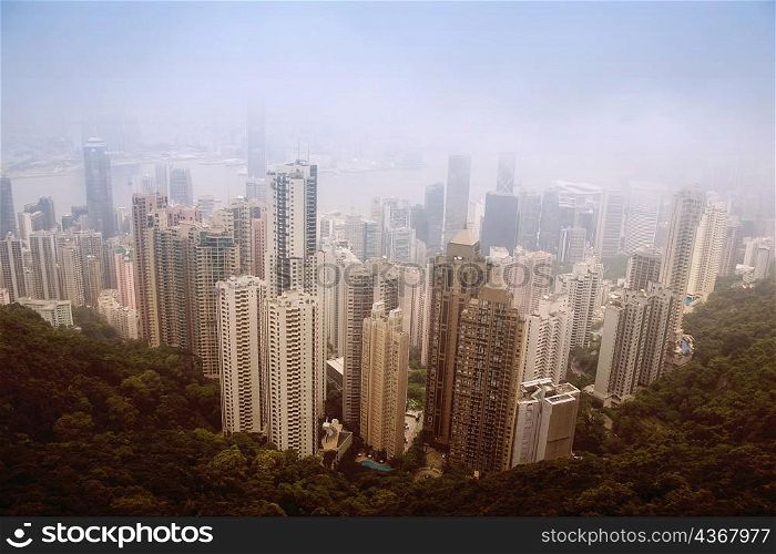 Aerial view of skyscrapers in a city, Hong Kong Island, Hong Kong, China