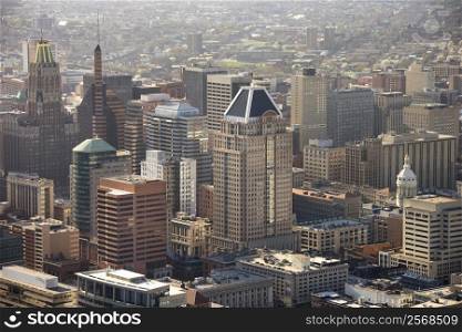 Aerial view of skyscrapers in Baltimore, Maryland.