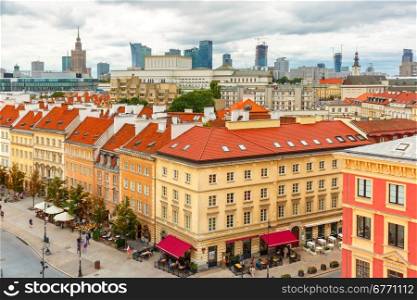 Aerial view of skyscrapers, Palace of Culture and Science, Old Town in Warsaw, Poland
