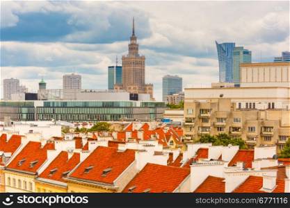 Aerial view of skyscrapers, Palace of Culture and Science, Old Town in Warsaw, Poland
