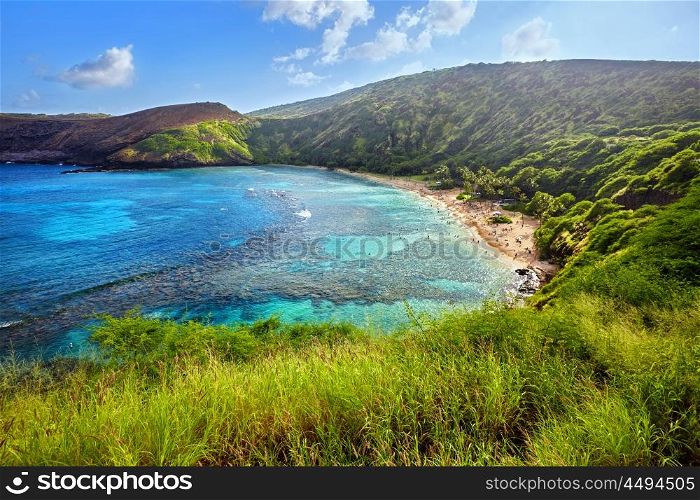 aerial view of snorkeling paradise Hanauma Bay, one of the most popular tourist destinations on Oahu, Hawaii