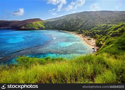 aerial view of snorkeling paradise Hanauma Bay, one of the most popular tourist destinations on Oahu, Hawaii