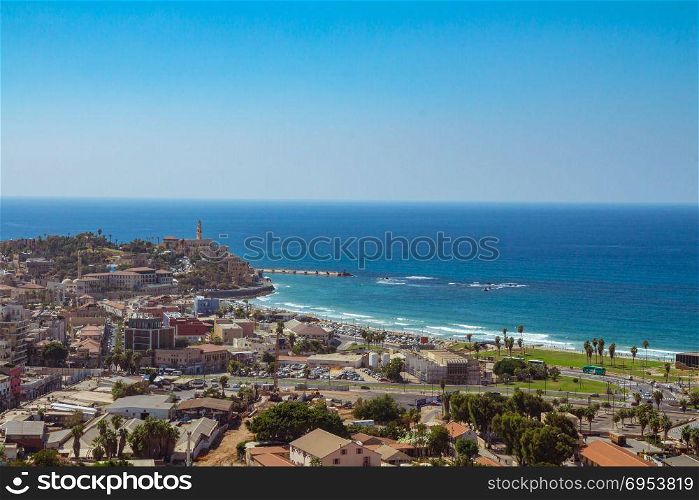 Aerial view of south Tel Aviv neighborhoods and Old Jaffa. Recognized places such as the Etzel Museum, Old Jaffa Port, Tel Aviv promenade and Neve Tzedek neighborhood.