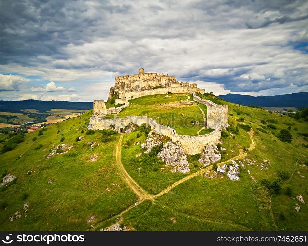Aerial view of Spis (Spis, Spissky) castle in summer, second biggest castle in Middle Europe, Unesco Wold Heritage, Slovakia