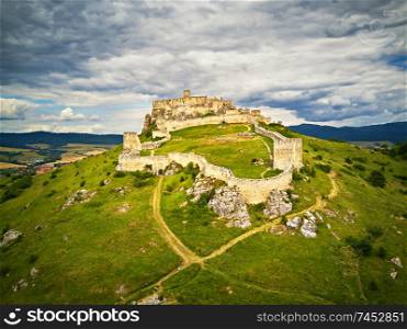 Aerial view of Spis (Spis, Spissky) castle in summer, second biggest castle in Middle Europe, Unesco Wold Heritage, Slovakia
