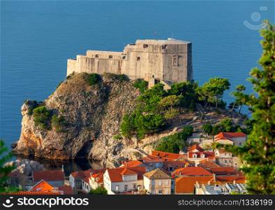 Aerial view of St. Lawrence Fort in the medieval historical part of the city on a sunny morning. Dubrovnik. Croatia.. Dubrovnik. Fort St. Lawrence in the morning.