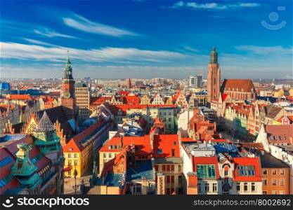 Aerial view of Stare Miasto with Market Square, Old Town Hall and St. Elizabeth&amp;#39;s Church from St. Mary Magdalene Church in Wroclaw, Poland