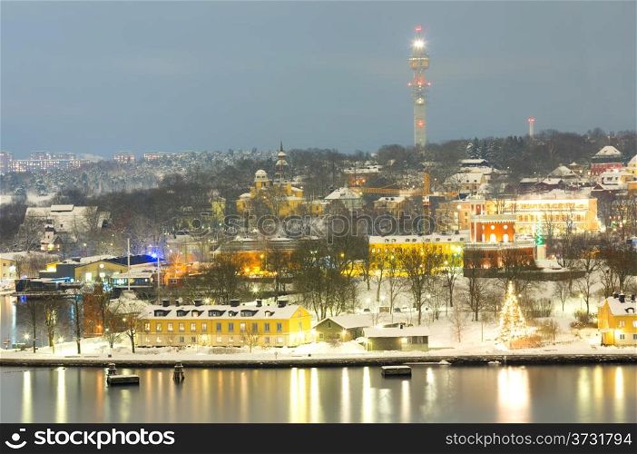 Aerial view of Stockholm Cityscape with TV Tower at night Sweden