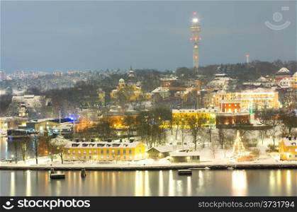 Aerial view of Stockholm Cityscape with TV Tower at night Sweden