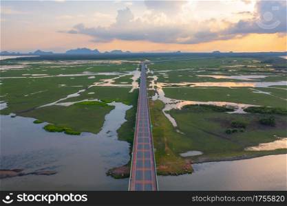 Aerial view of street road highway with swamp or lagoon in Phang Nga Bay, lake, sea or river in national park and mountain or hill in Thailand. Natural landscape background.