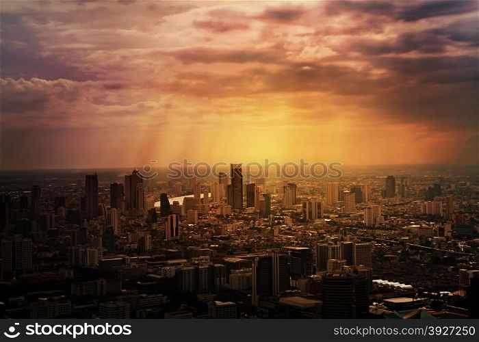 Aerial view of streets and buildings, Bangkok City. Thailand.