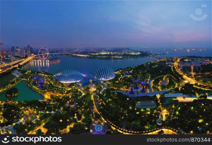Aerial view of Supertree Grove. Garden by the bay in Marina Bay area in urban city of Singapore Downtown at night. Landscape background