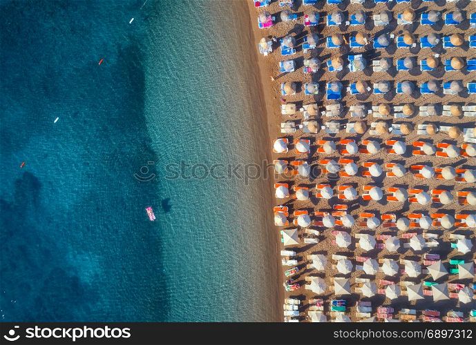 Aerial view of swimming woman on the inflatable mattress in the sea . Summer seascape with girl, clear azure water and sandy beach with colorful chaise-lounges in sunny day. Top view from flying drone. Aerial view of swimming woman on the inflatable mattress in the