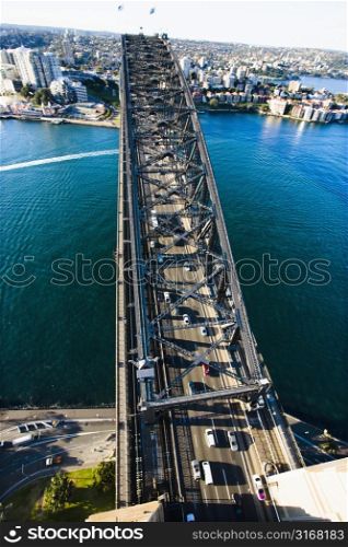 Aerial view of Sydney Harbour Bridge and cityscape in Sydney, Australia.