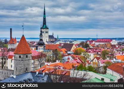 Aerial view of Tallinn Medieval Old Town with St. Olaf&rsquo;s Church and Tallinn City Wall. Tallinn, Estonia. Tallinn Medieval Old Town, Estonia