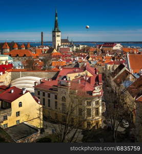 Aerial View of Tallinn Old Town and Olaviste Church from Toompea Hill, Tallinn, Estonia