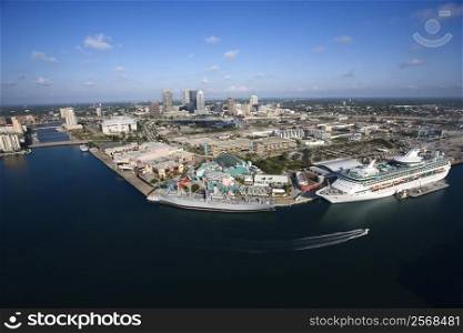 Aerial view of Tampa Bay Area, Flordia with water and cruise ship.