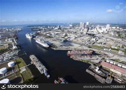 Aerial view of Tampa Bay Area, Flordia with waterway and ships.