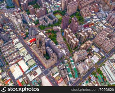 Aerial view of Taoyuan Downtown, Taiwan. Financial district and business centers in smart urban city. Skyscraper and high-rise buildings.