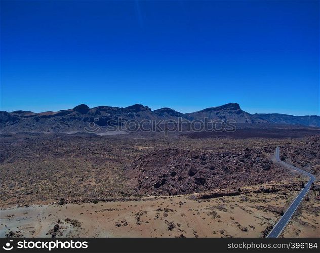 Aerial view of Teide Mountain landscape in Tenerife from drone.