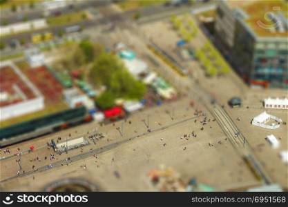 Aerial view of the Alexanderplatz public square in Berlin. with tilt-shift effect.