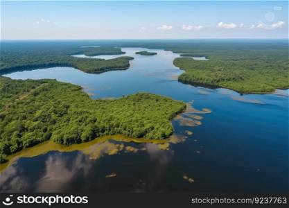 aerial view of the amazonas in summer, with lush vegetation and clear waters, created with generative ai. aerial view of the amazonas in summer, with lush vegetation and clear waters