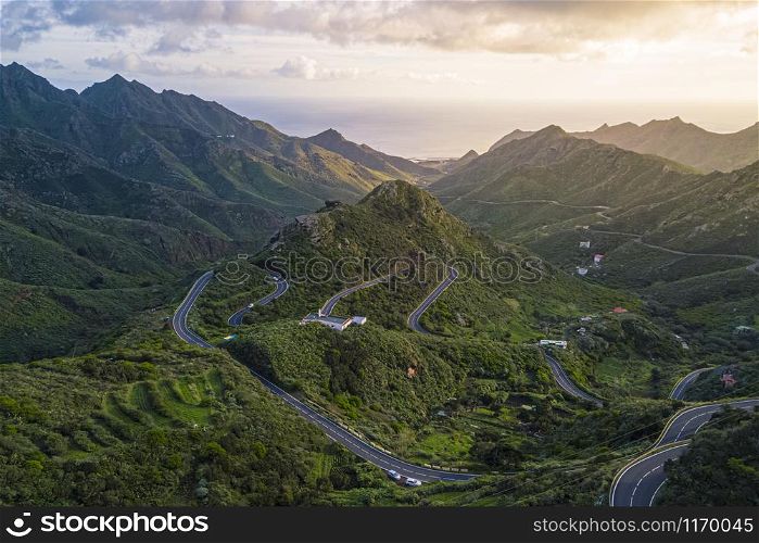 Aerial view of the Anaga Mountain Range with the atlantic ocean in the back, Tenerife, Canary Islands, Spain