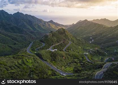Aerial view of the Anaga Mountain Range with the atlantic ocean in the back, Tenerife, Canary Islands, Spain