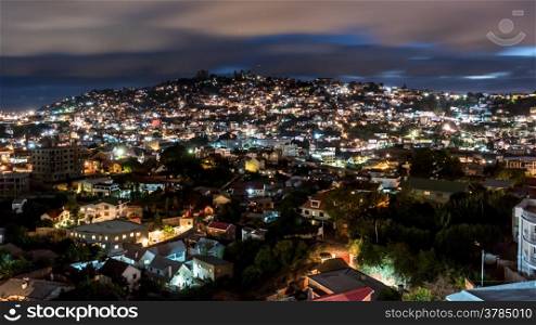 Aerial view of the Antananarivo, capital city of Madagascar, at night