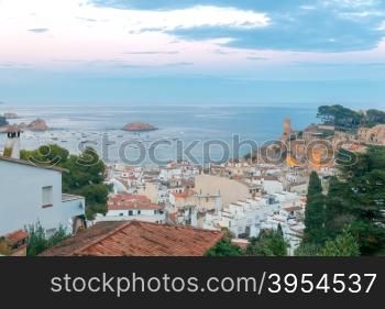 Aerial view of the beach and the bay of Tossa de Mar on the Costa Brava.. Tossa de Mar. Aerial view of the city and bay.