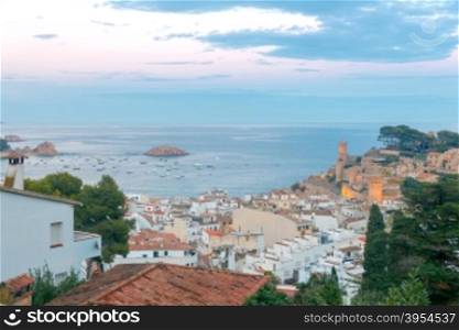 Aerial view of the beach and the bay of Tossa de Mar on the Costa Brava.. Tossa de Mar. Aerial view of the city and bay.