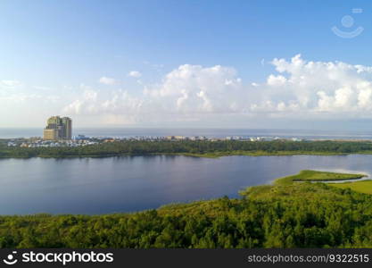 Aerial view of the beach at Gulf State Park in Gulf Shores, Alabama at sunrise. Aerial view of Gulf Shores