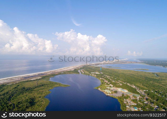 Aerial view of the beach at Gulf State Park in Gulf Shores, Alabama at sunrise. Aerial view of Gulf Shores