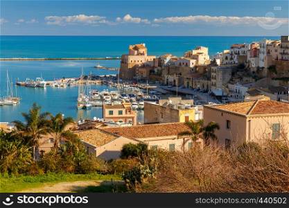 Aerial view of the city Castellammare del Golfo on a sunny day. Italy. Sicily.. Italy. Sicily. Castellammare del Golfo.