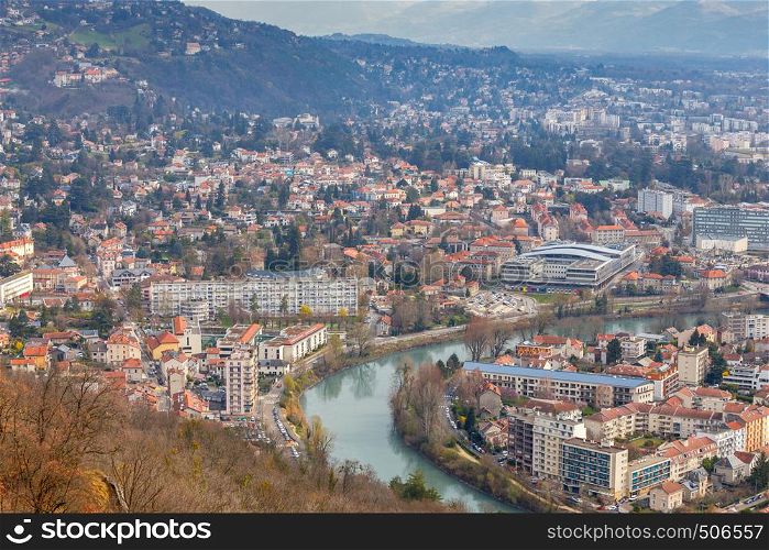 Aerial view of the city from the Bastille Hill. Grenoble. France.. Grenoble. Aerial view of the city.