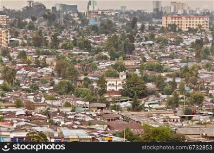 Aerial view of the city of Addis Ababa, showing the densely packed houses