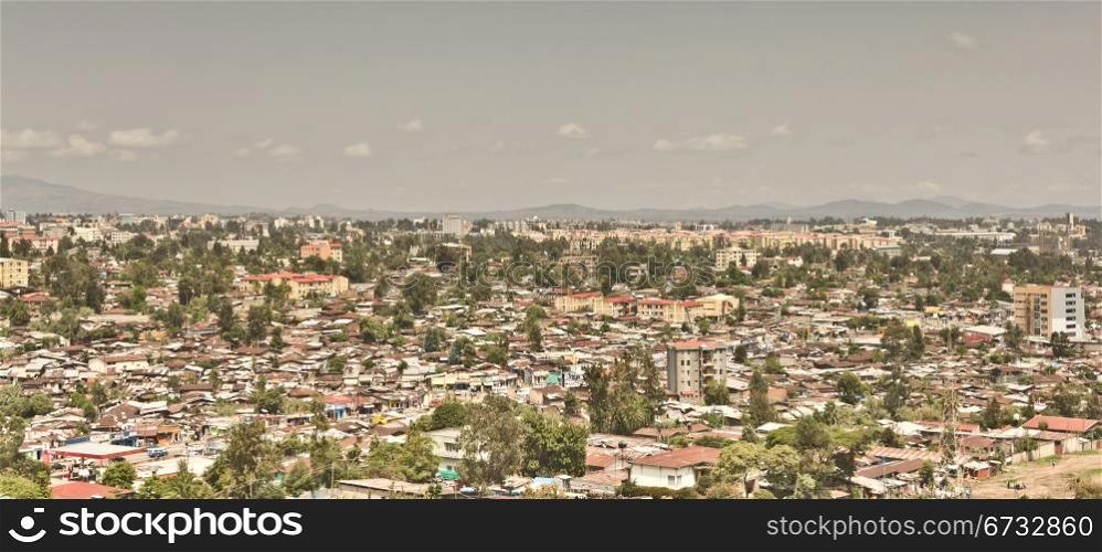 Aerial view of the city of Addis Ababa, showing the densely packed houses