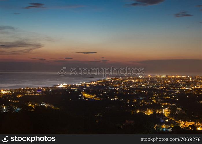 Aerial View of the city of Livorno in Tuscany at Dusk.. Aerial View of the city of Livorno in Tuscany at Dusk
