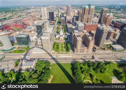 Aerial View of the city of Saint Louis, Missouri as seen from the top of the arch looking West