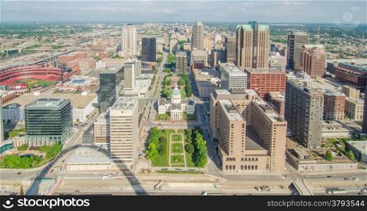 Aerial View of the city of Saint Louis, Missouri as seen from the top of the arch looking West
