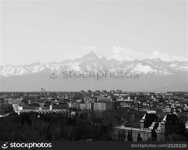 Aerial view of the city of Turin, Italy in black and white. Aerial view of Turin in black and white