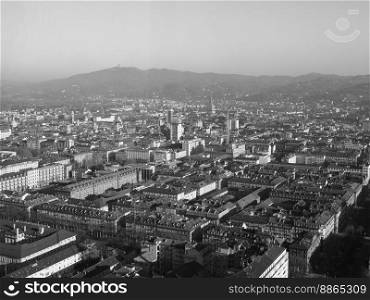Aerial view of the city of Turin, Italy with Piazza Castello square in black and white. Aerial view of Turin in black and white