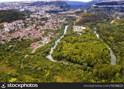 Aerial view of the city Veliko Tarnovo and curve of river Yantra, Bulgaria