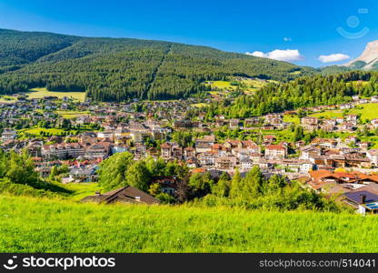 Aerial view of the cityscape of Alpe di Siusi in the valley of the Dolomites in South Tyrol, Italy