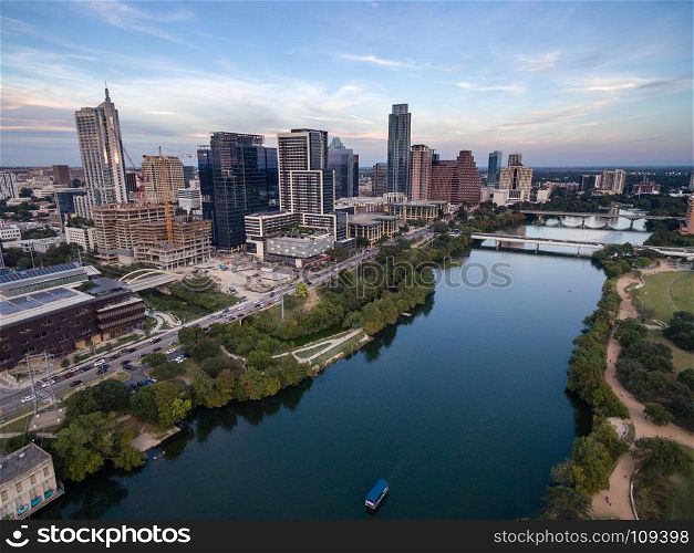 Aerial view of the Colorado River meandering along the Austin Texas waterfront