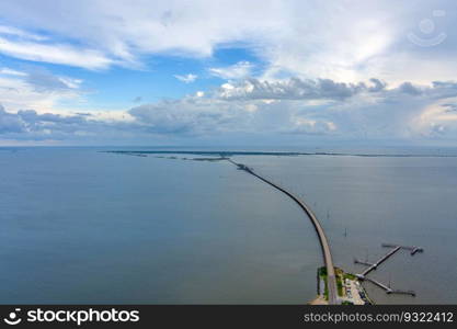 Aerial view of the Dauphin Island, Alabama bridge at sunset. Dauphin Island, Alabama at sunset