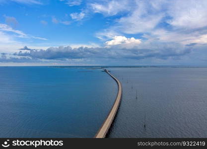 Aerial view of the Dauphin Island, Alabama bridge at sunset. Dauphin Island, Alabama at sunset